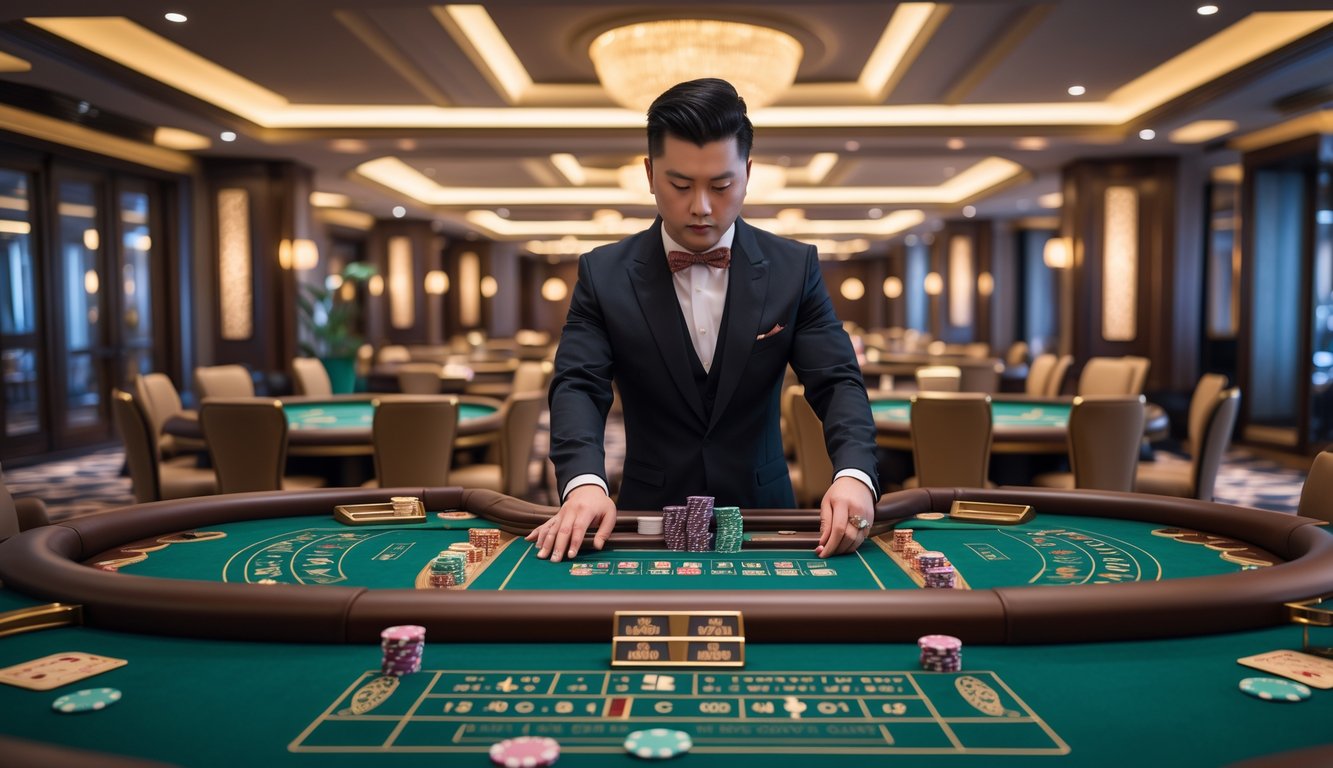 Suasana kasino dengan beberapa meja baccarat dan dealer profesional yang sedang mengelola permainan.