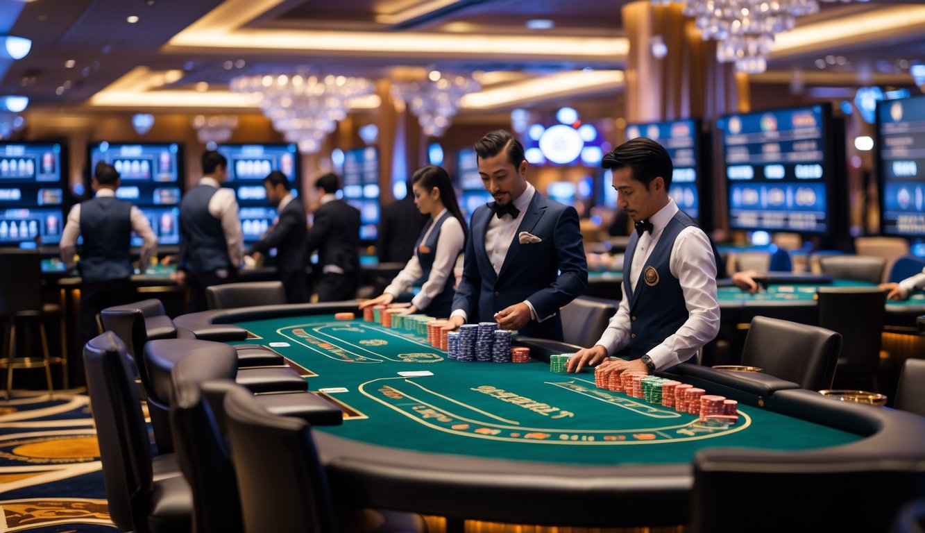 Suasana kasino modern dengan beberapa meja baccarat dan dealer profesional yang melayani pemain.