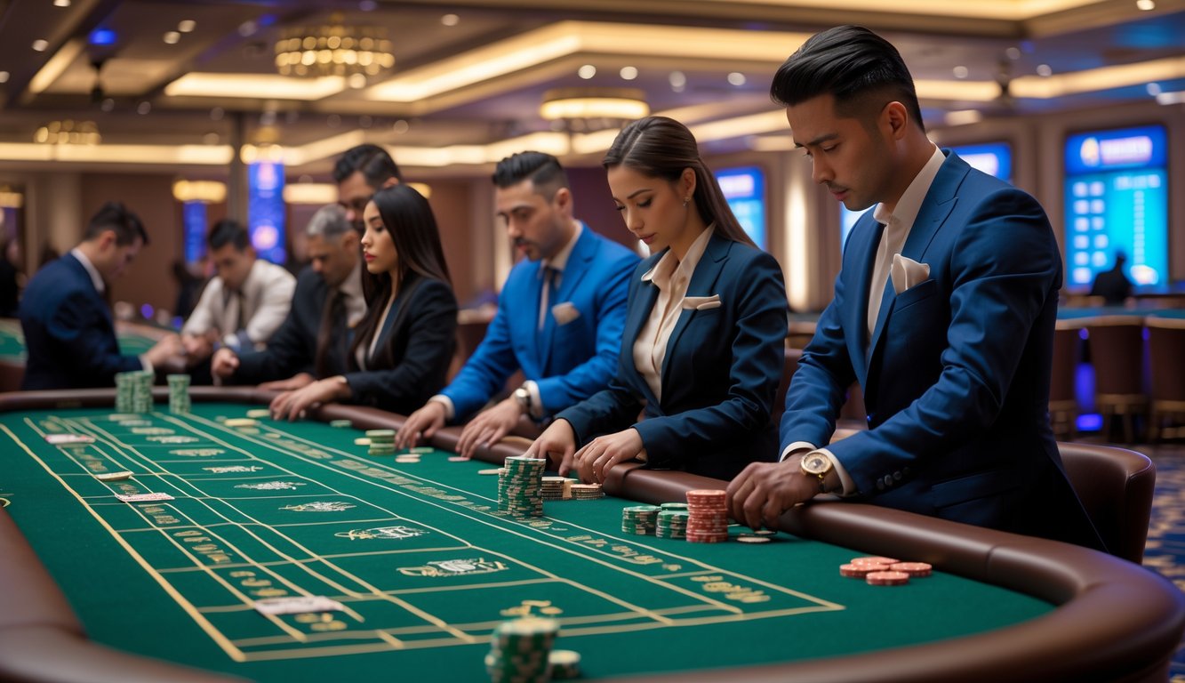 Beberapa meja baccarat dengan pemain dan dealer sedang bermain di ruangan kasino yang mewah dan terang.