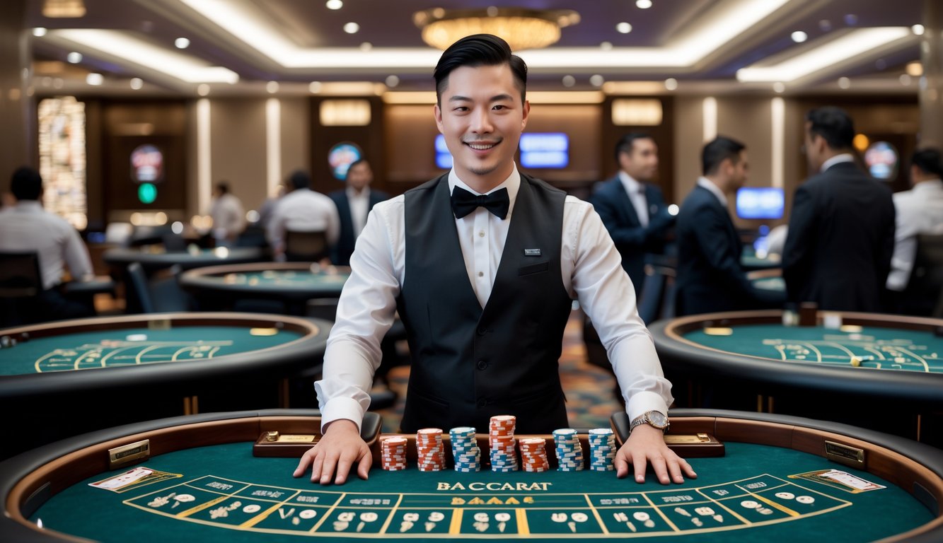 Seorang dealer kasino profesional mengelola beberapa meja baccarat dengan pemain yang terlihat puas di lingkungan kasino modern.