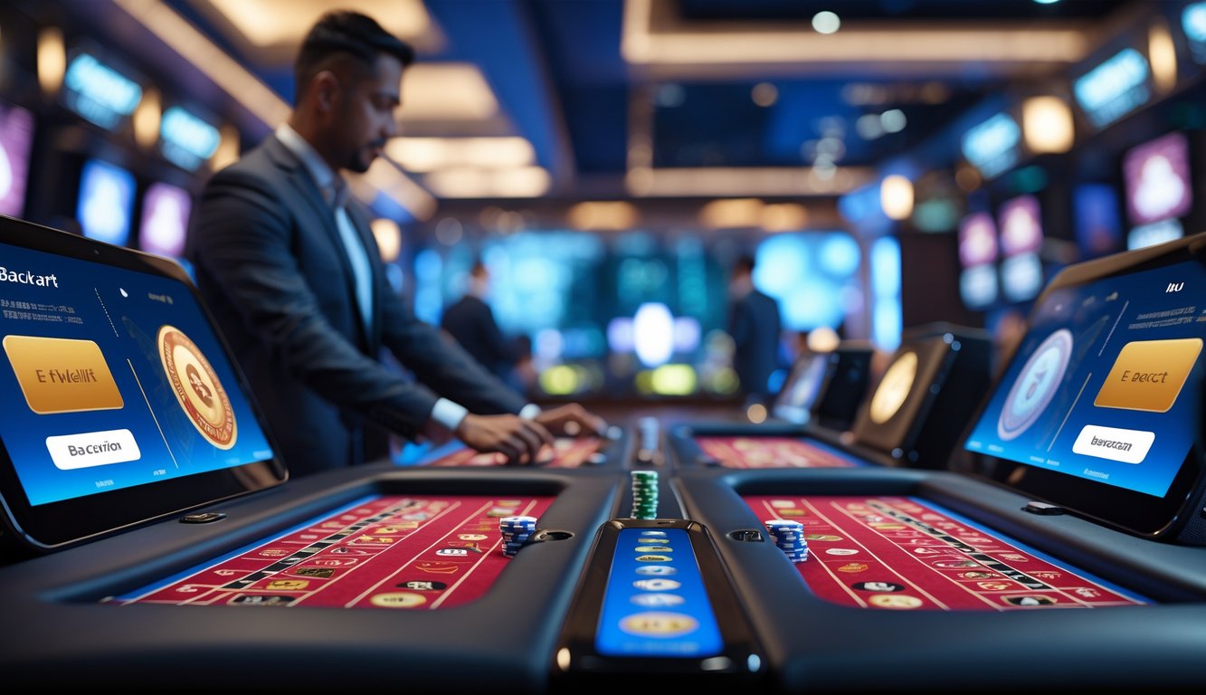 Orang menggunakan perangkat digital dengan beberapa meja baccarat online dan ikon pembayaran e-wallet di layar.