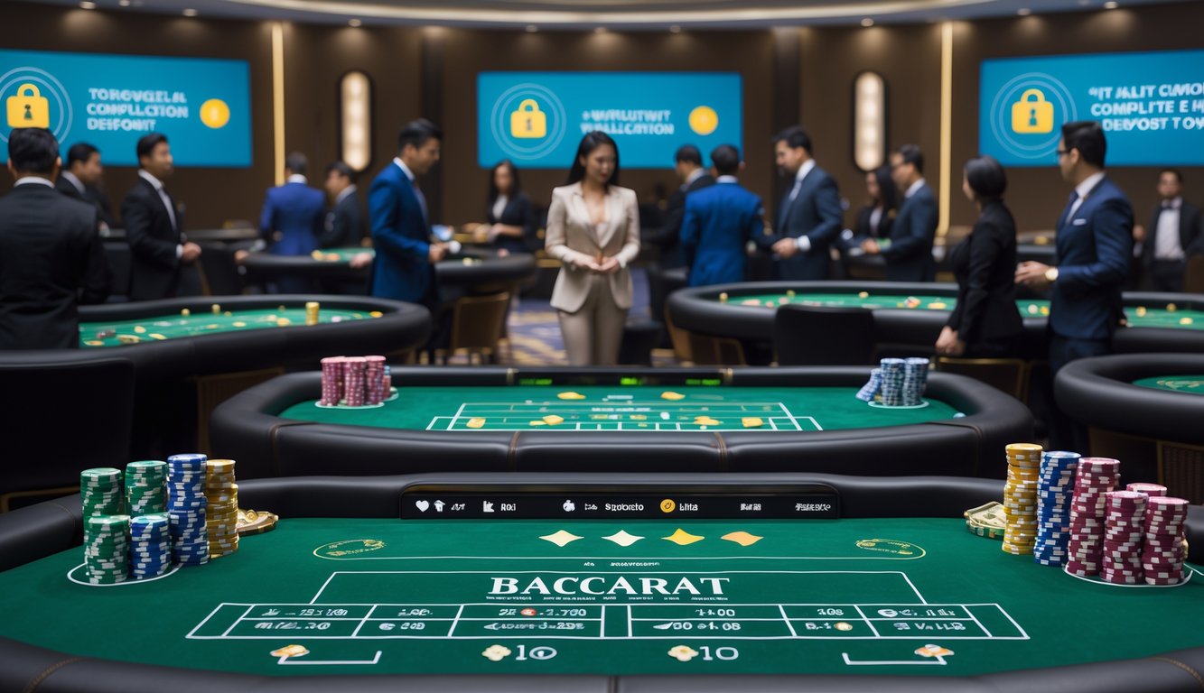 Beberapa meja baccarat di kasino dengan dealer dan pemain yang sedang bermain, serta layar digital menampilkan ikon metode deposit e-wallet.