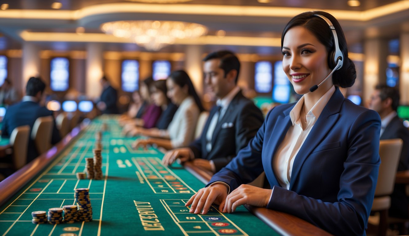 Ruangan kasino dengan beberapa meja baccarat dan seorang petugas layanan pelanggan yang ramah sedang siap membantu.