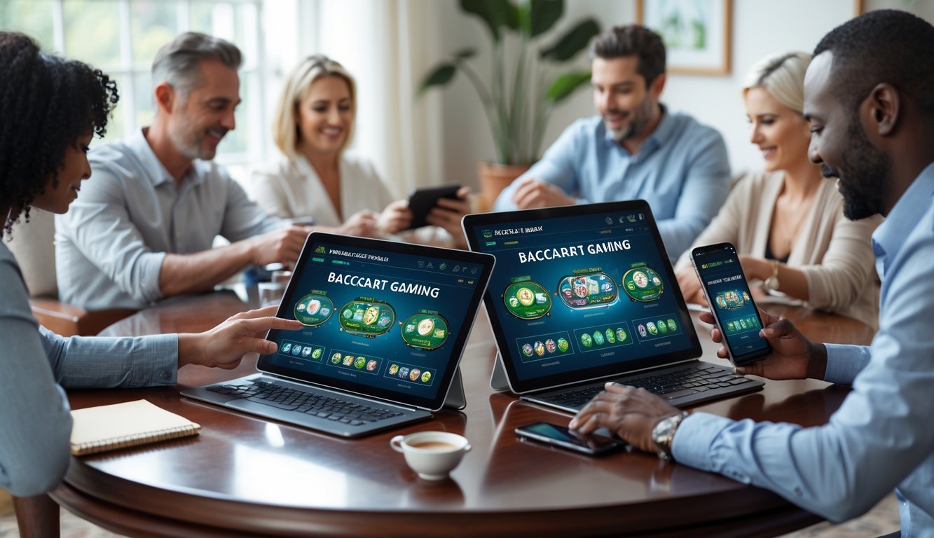 Beberapa perangkat mobile menampilkan permainan baccarat multitable dengan pemain yang fokus di ruang tamu yang nyaman.