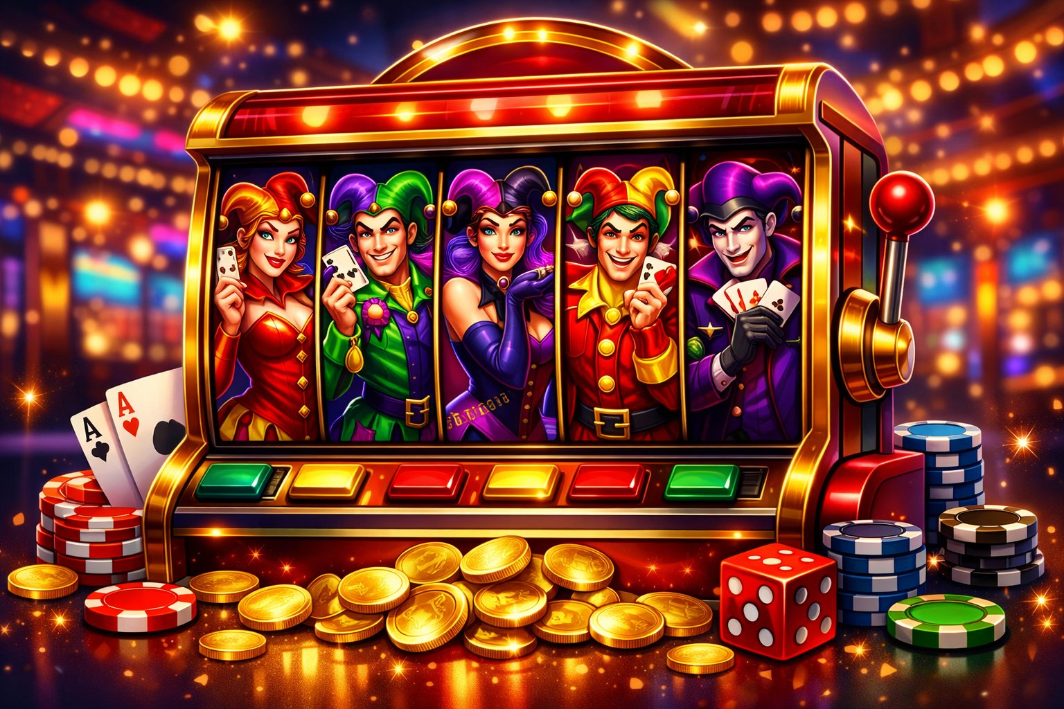 A Colorful Slot Machine Showing Six Joker Characters On Its Reels With Casino Chips, Playing Cards, And Coins Around It.