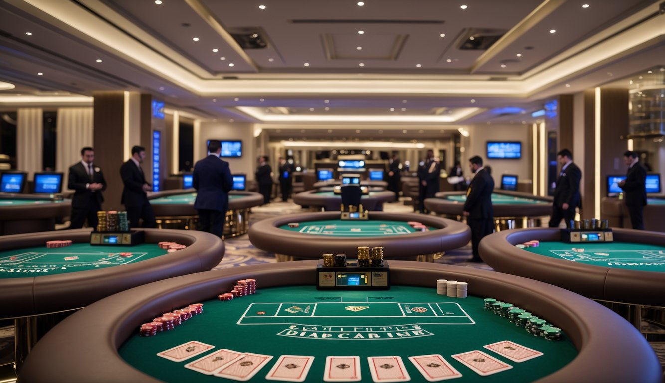 Ruangan permainan baccarat dengan beberapa meja, dealer mengenakan pakaian formal, dan kamera keamanan terlihat di latar belakang.