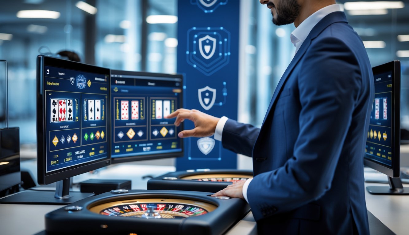 Seorang profesional menggunakan komputer dengan beberapa layar yang menampilkan permainan baccarat dan ikon keamanan di latar belakang.