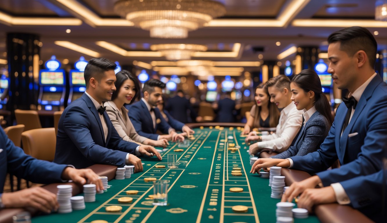 Beberapa meja baccarat di kasino dengan pemain dan dealer yang sedang bermain bersama dalam suasana yang profesional dan ramah.
