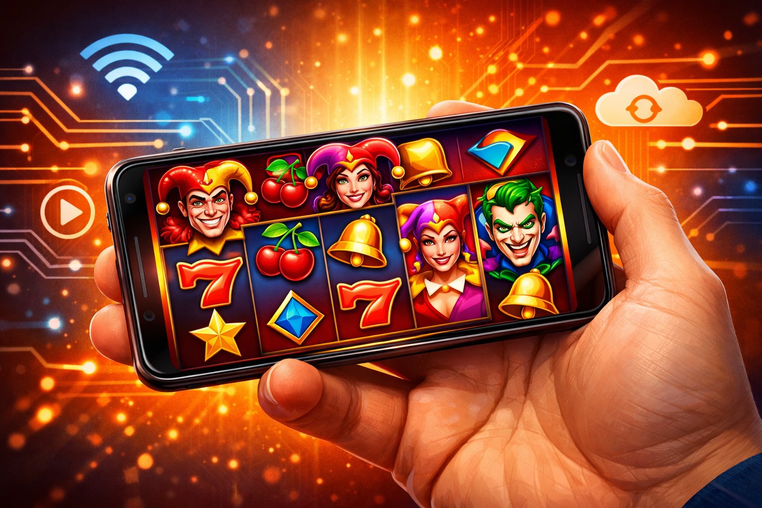 A Hand Holding A Smartphone Showing Colorful Slot Machine Reels With Joker Symbols And Classic Icons, Surrounded By Digital Elements Representing Mobile Gaming.