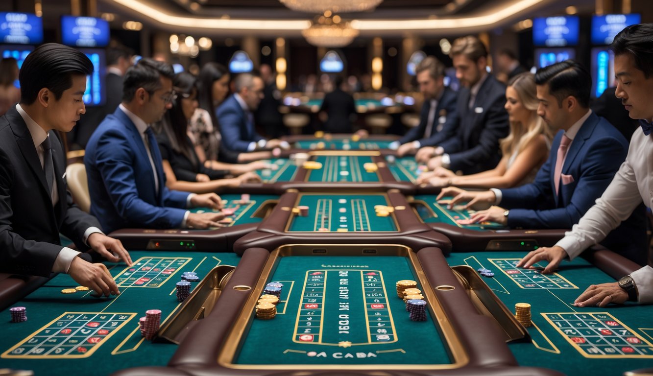 Beberapa pemain sedang bermain baccarat di meja multitable di dalam kasino dengan suasana mewah dan pencahayaan elegan.