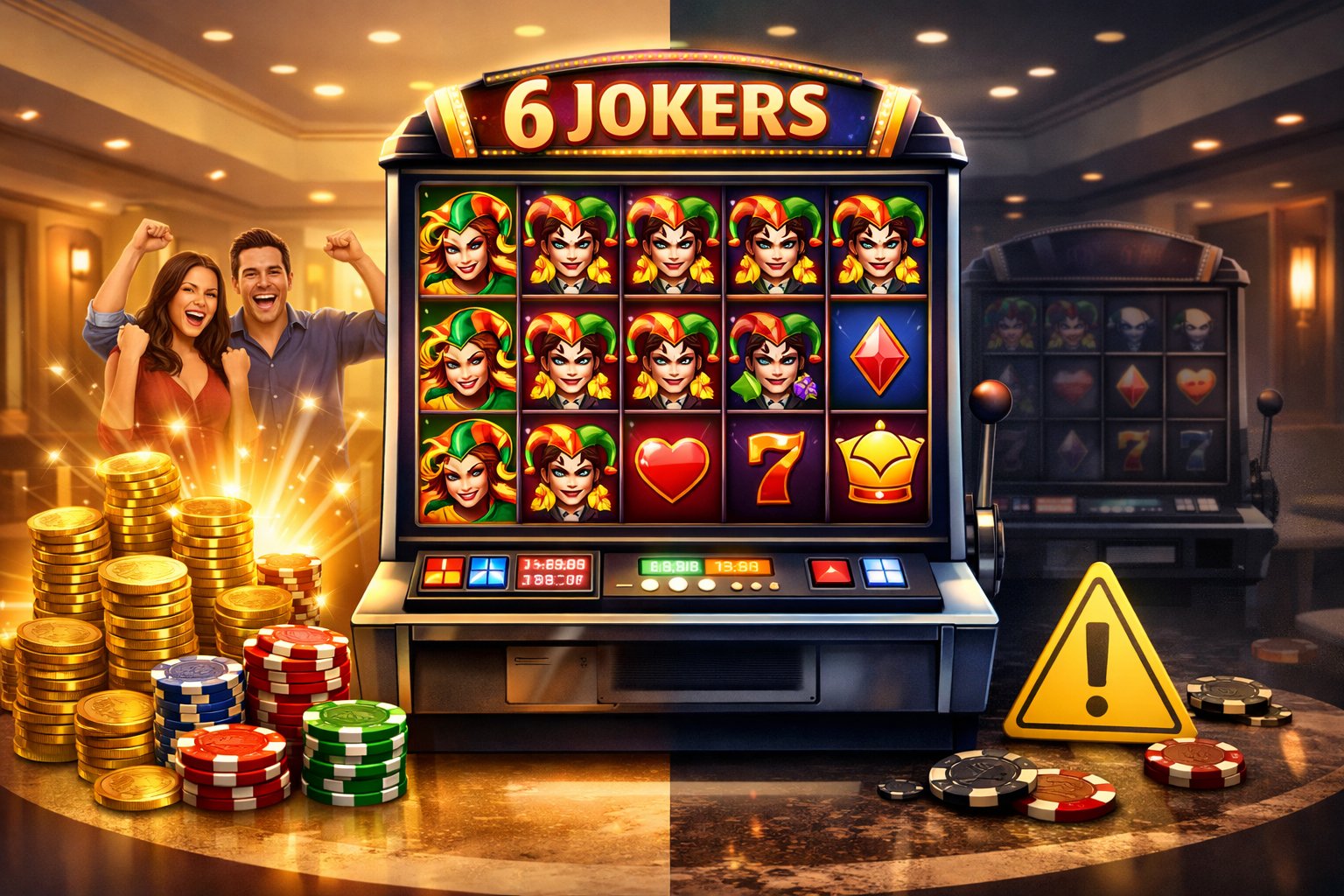 A Casino Slot Machine With Six Joker Reels, Showing Symbols Of Benefits Like Gold Coins And Winners On One Side, And Drawbacks Like Caution Signs And Losing Chips On The Other Side.