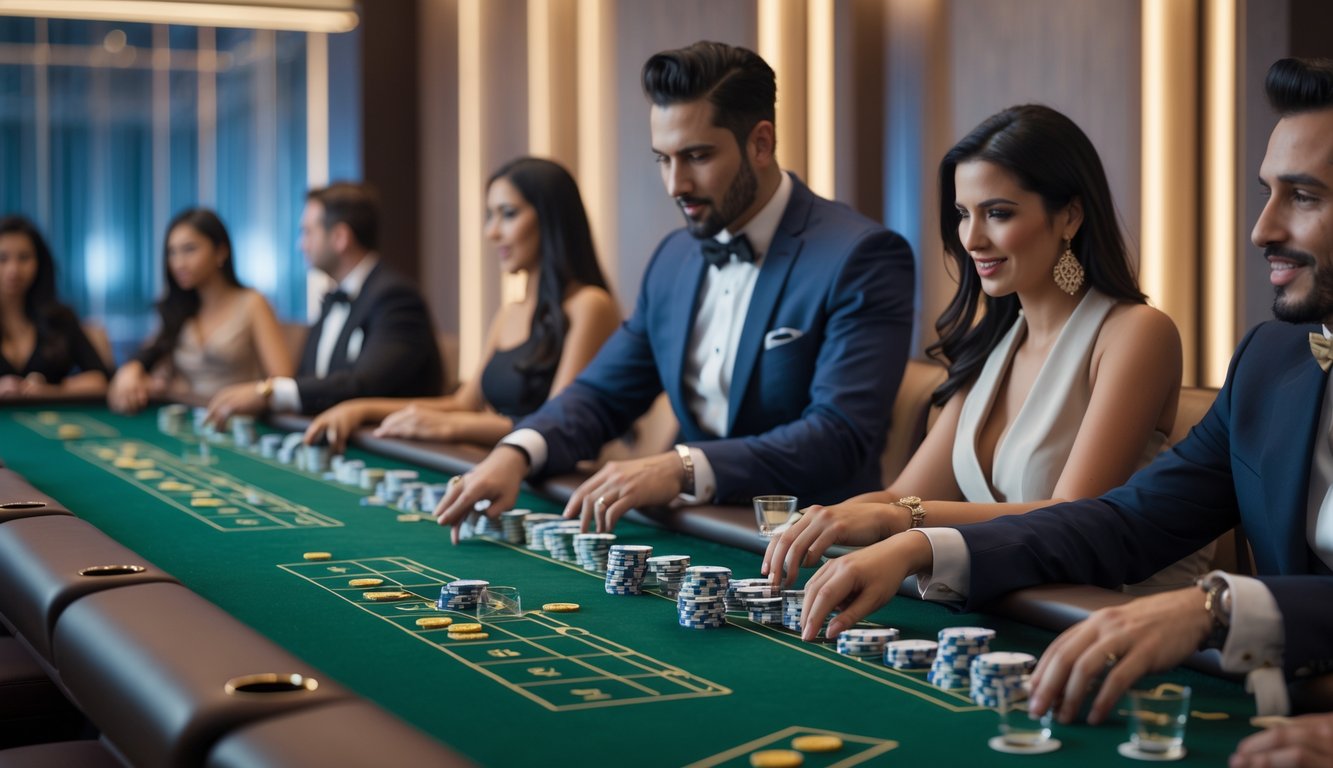 Suasana kasino dengan beberapa meja baccarat yang rapi, pemain dan dealer sedang bermain dengan fokus dan antusiasme.