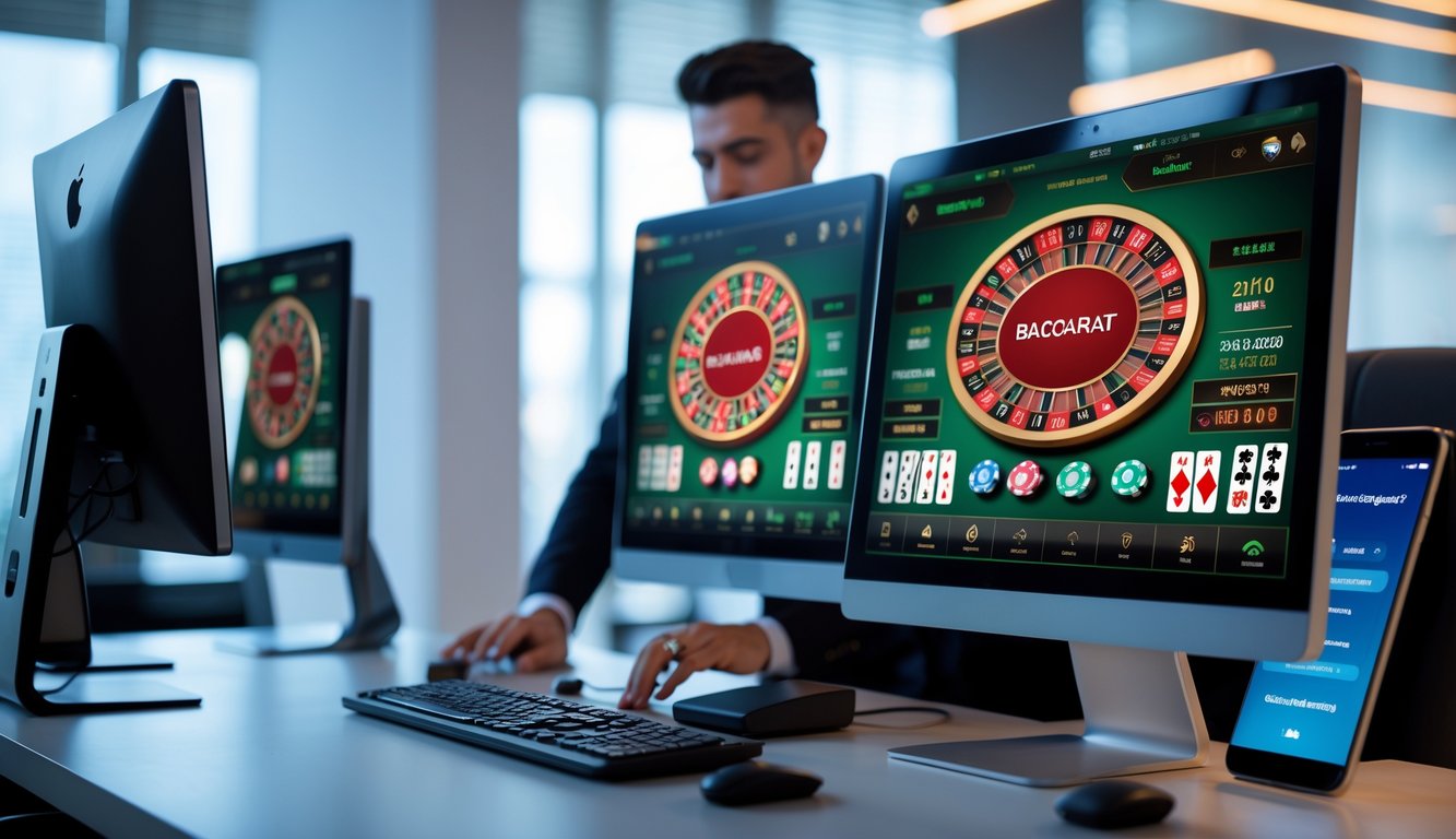 Seorang profesional menggunakan beberapa monitor komputer yang menampilkan permainan baccarat dengan latar kantor modern dan suasana terpercaya.
