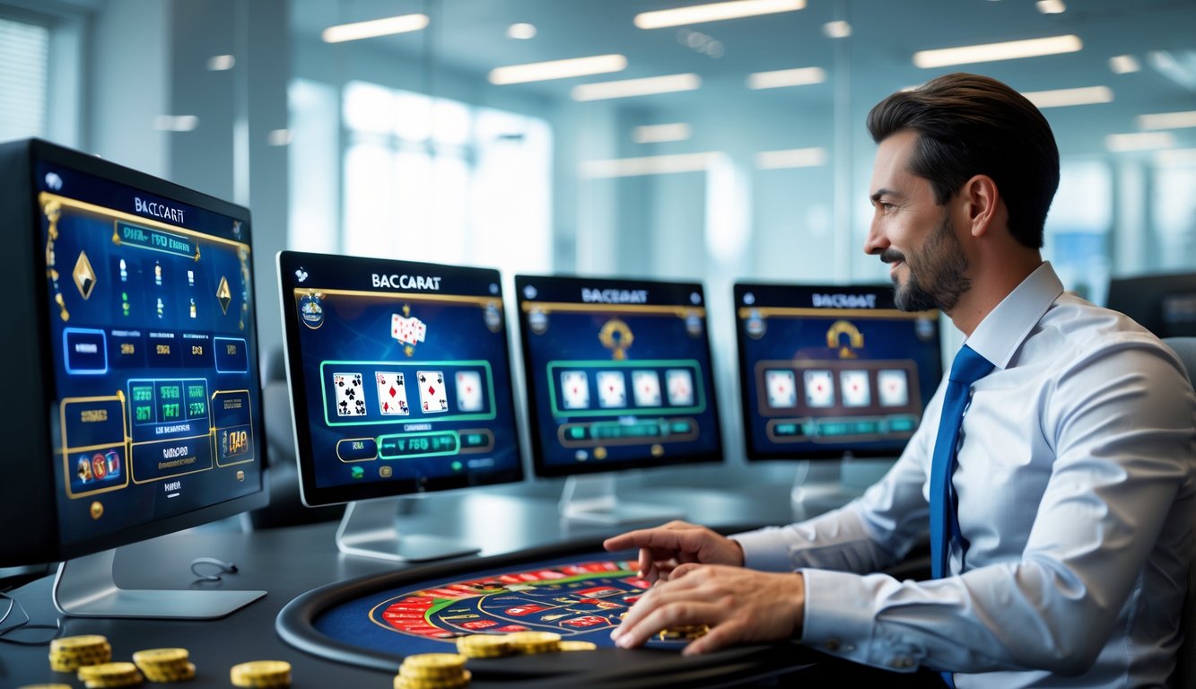 Seorang profesional sedang menggunakan beberapa layar komputer yang menampilkan permainan baccarat di sebuah kantor modern yang terang dan rapi.