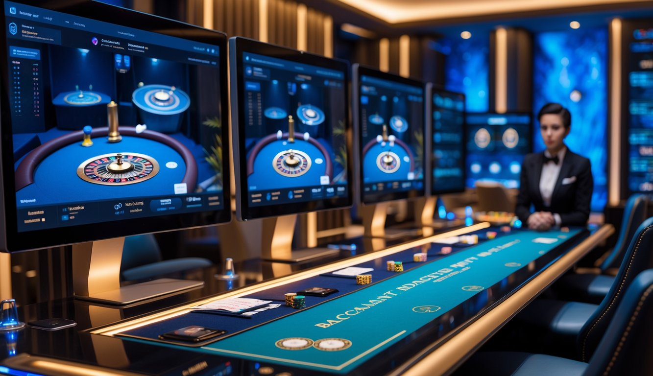 Ruang permainan baccarat online dengan beberapa meja digital di layar monitor besar dan dealer profesional yang sedang bertugas.