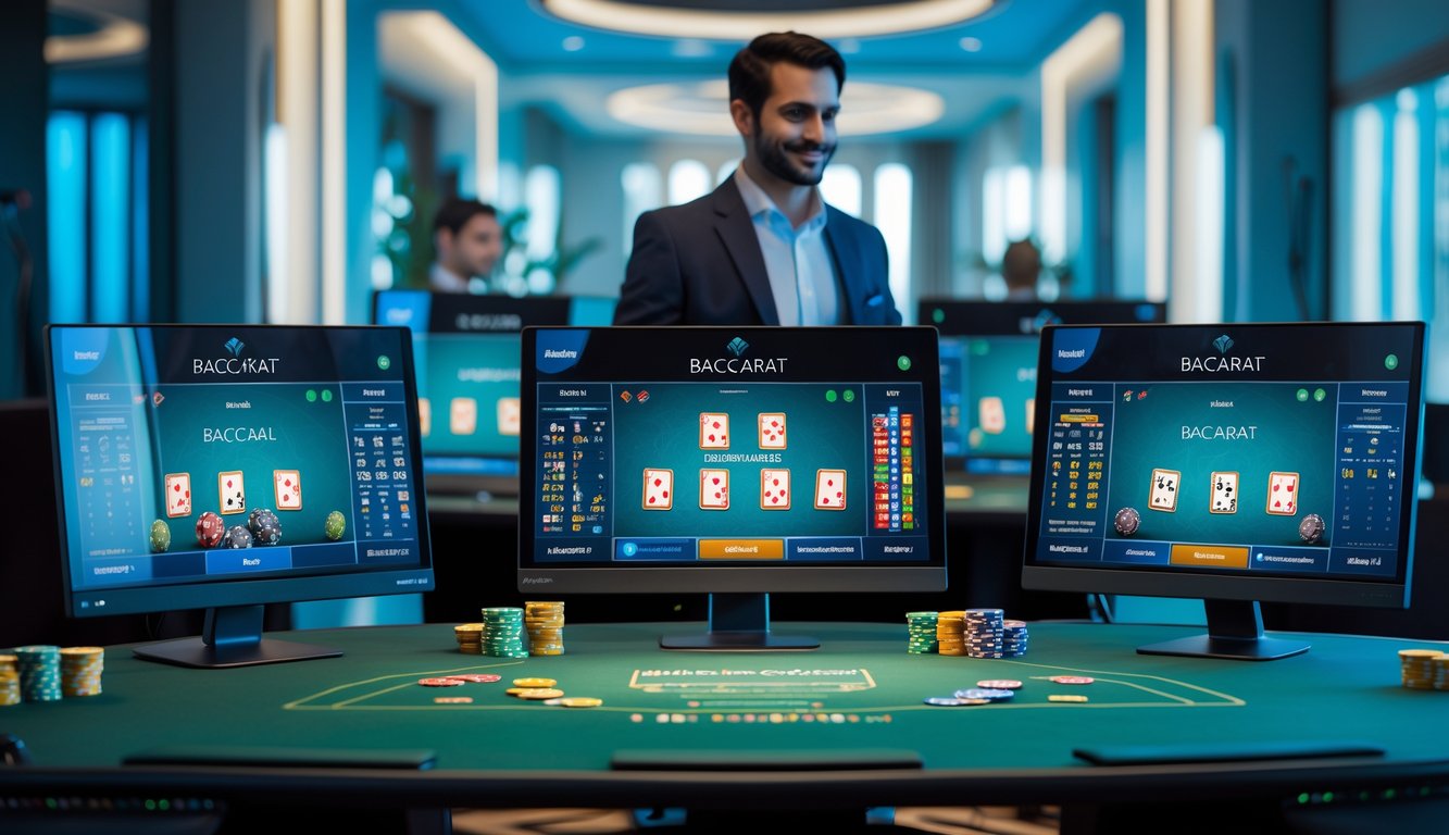 Seorang profesional sedang menggunakan beberapa monitor komputer yang menampilkan permainan baccarat dalam ruangan gaming modern.