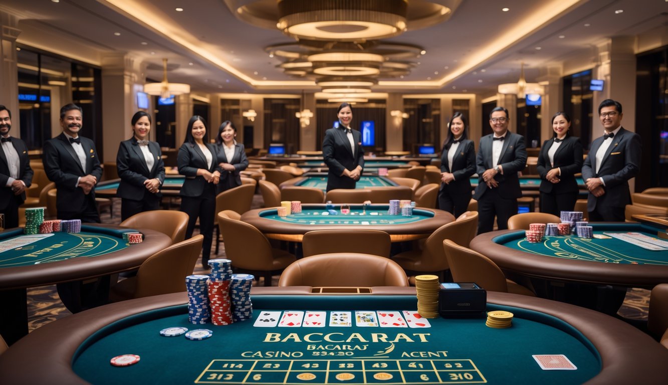 Suasana ruang kasino mewah dengan beberapa meja baccarat yang diisi oleh dealer profesional dan pemain yang santai.