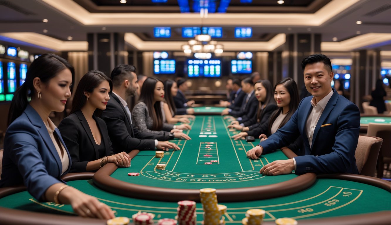 Beberapa orang bermain baccarat di beberapa meja dalam ruangan kasino yang terang dan rapi dengan dealer yang ramah.