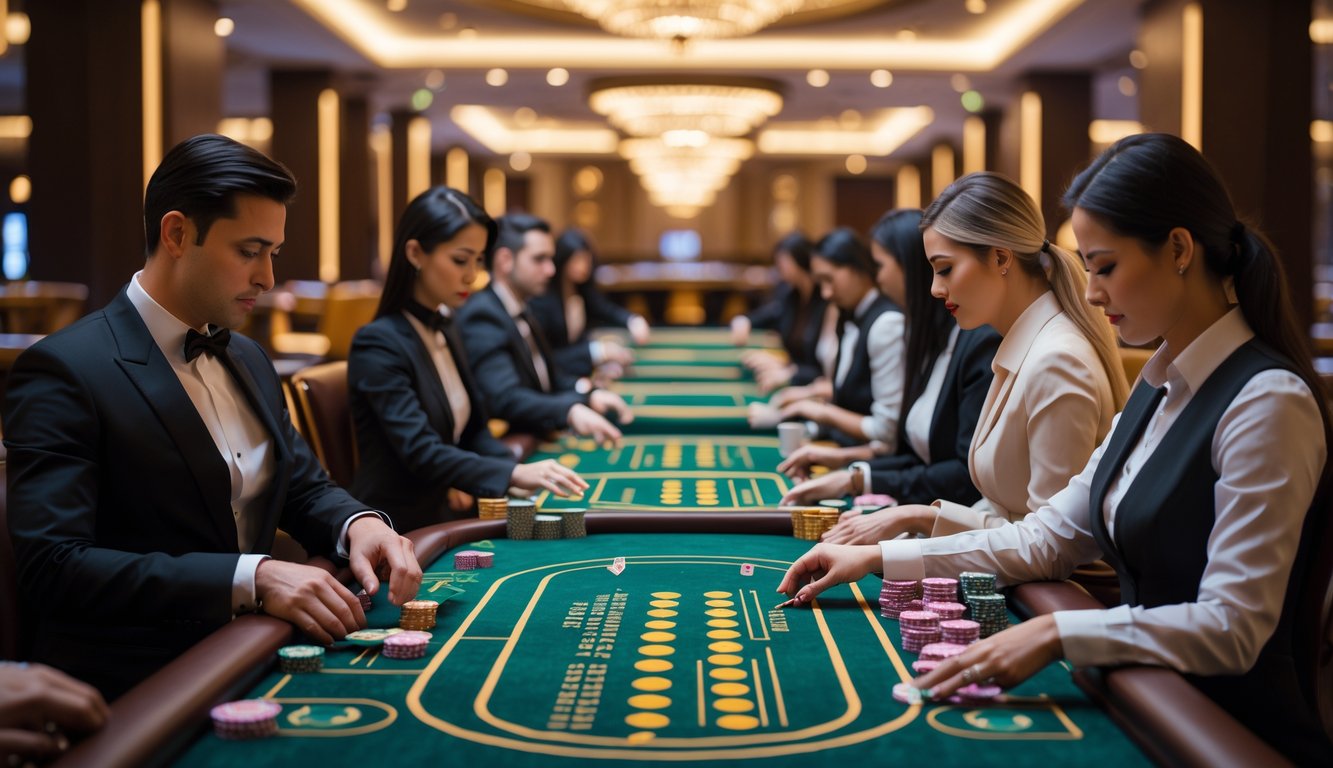 Suasana kasino dengan beberapa meja baccarat, dealer berpakaian rapi melayani pemain yang sedang bermain.