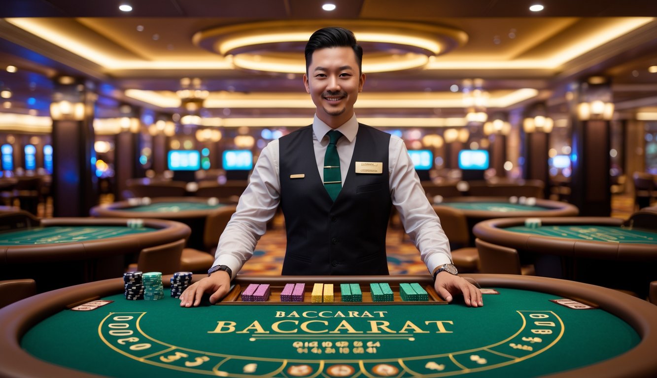 Seorang agen baccarat berdiri di belakang beberapa meja permainan di kasino dengan suasana mewah dan pencahayaan hangat.