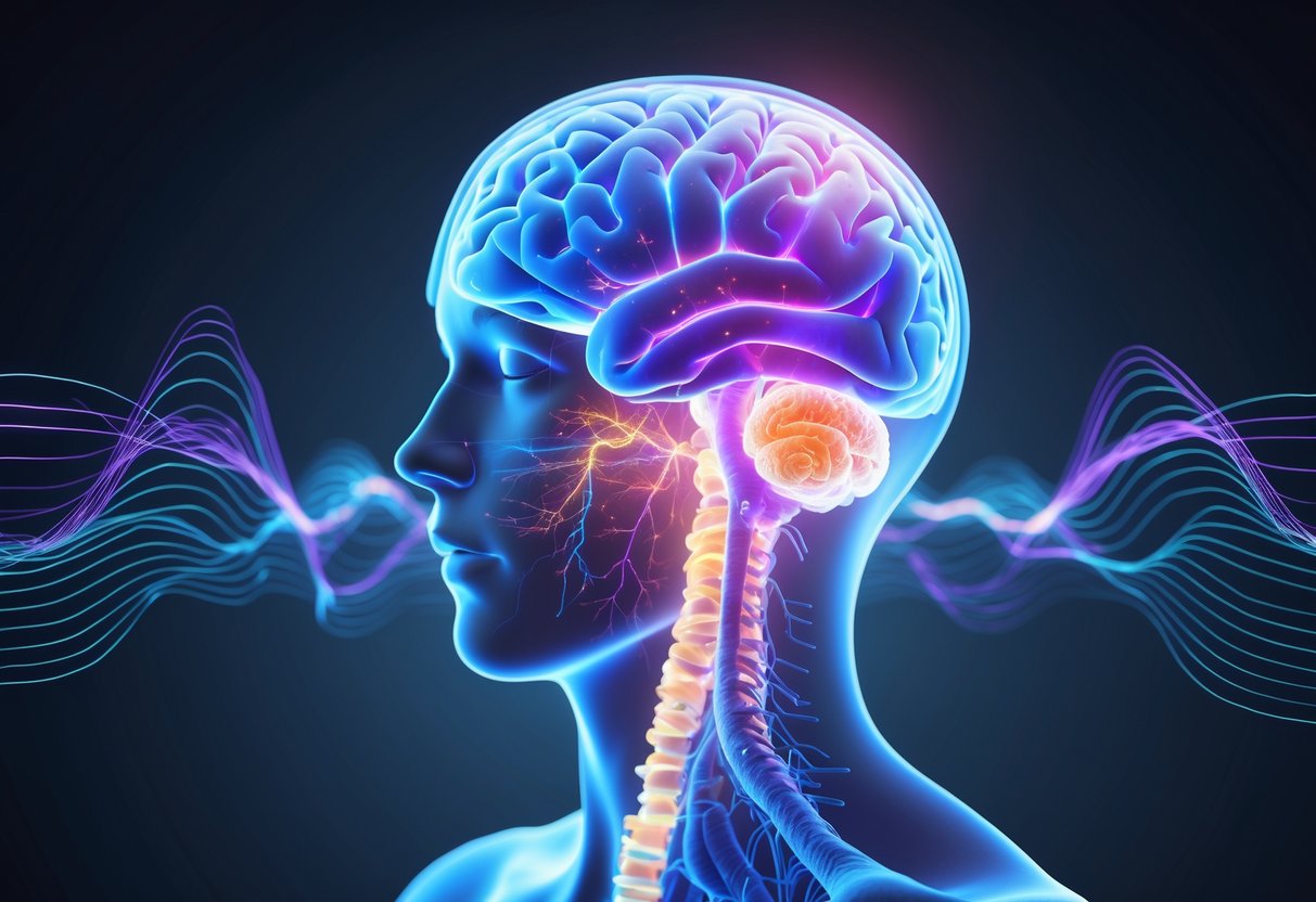 A semi-transparent human figure showing the brain and spinal cord with glowing neural pathways and highlighted areas related to sleep regulation.
