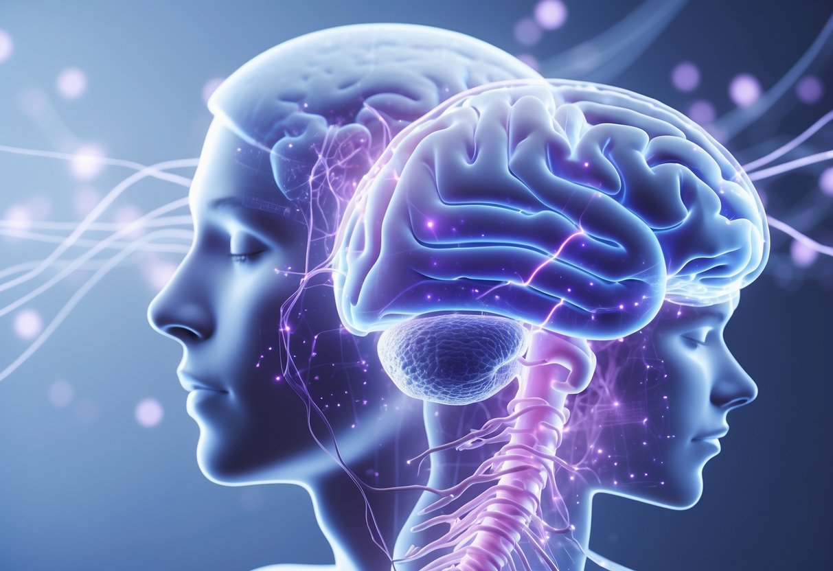 An anatomically accurate human brain and spinal cord with glowing neural pathways, surrounded by soft blue and purple hues representing sleep and calmness.