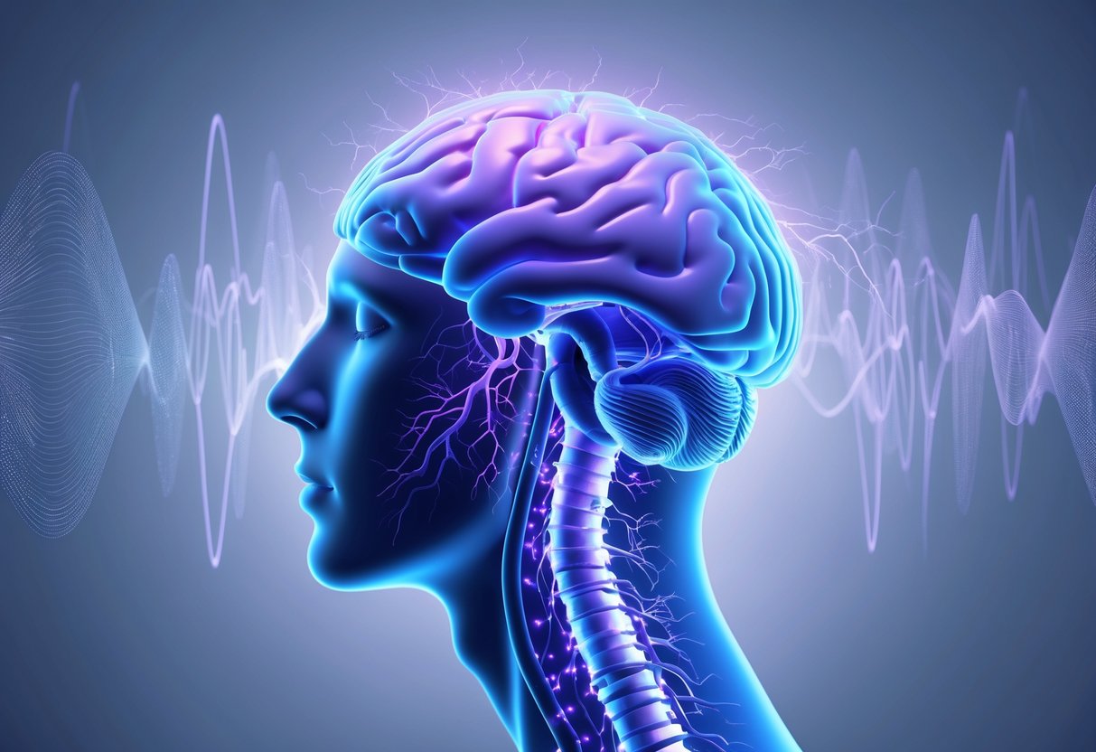Detailed illustration of a human brain and spinal cord with glowing neural pathways representing sleep regulation.