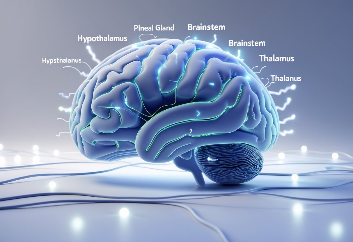 A detailed 3D illustration of a human brain highlighting key regions involved in sleep and nervous system activity.