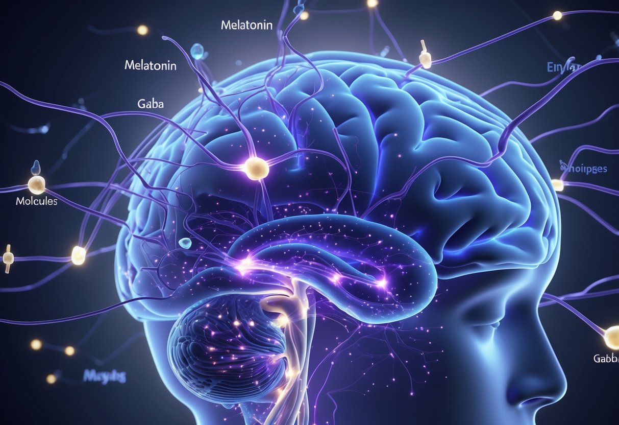 Detailed illustration of the human brain and nervous system showing glowing neural pathways and molecules related to sleep regulation.
