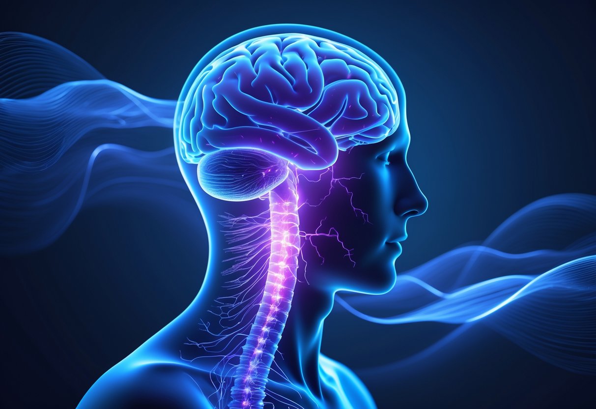 Human silhouette showing the brain and spinal cord with glowing neural pathways symbolizing the connection between the nervous system and sleep.