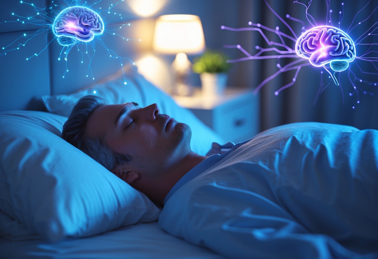 A person sleeping peacefully in a dimly lit bedroom with digital illustrations of neural networks and brain activity overlayed around them.