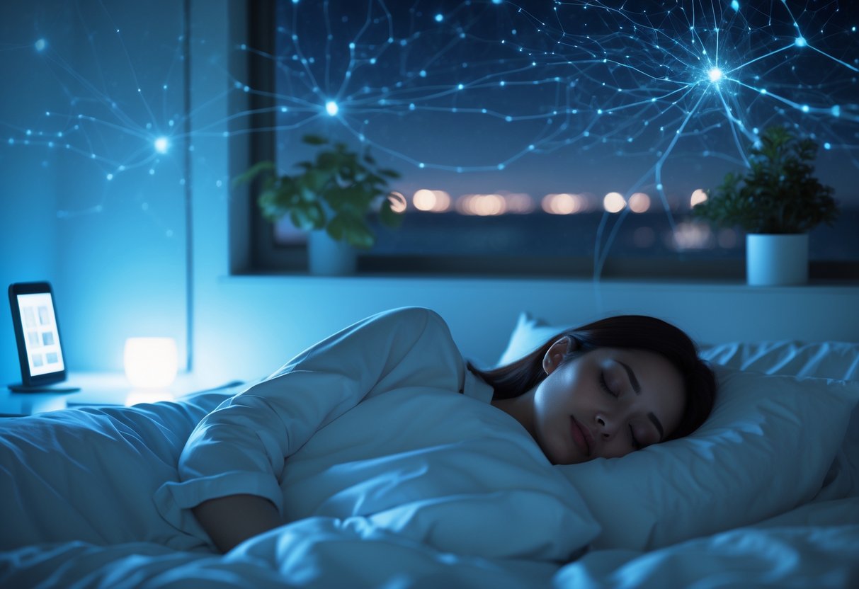 A person sleeping peacefully in a softly lit bedroom at night with subtle visual elements representing external factors affecting sleep and the nervous system.