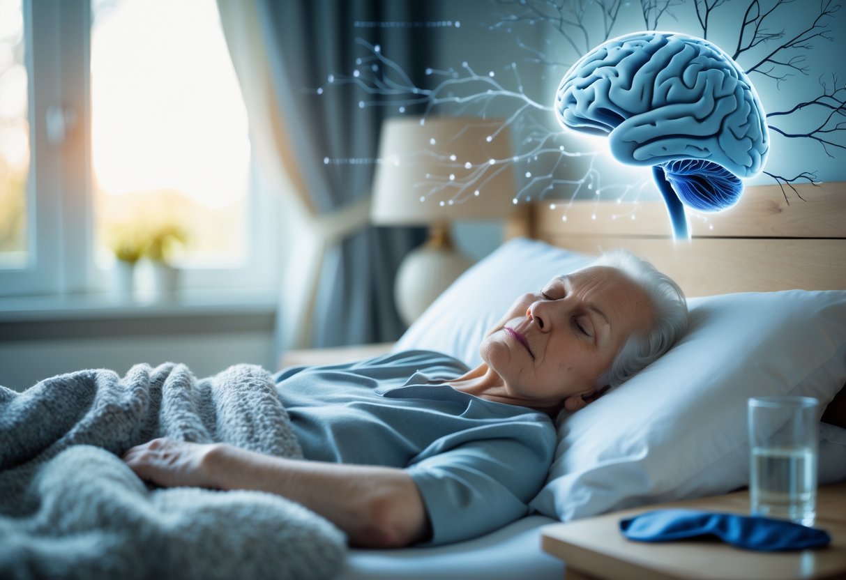 An elderly person sleeping peacefully in a bedroom with a faint overlay of a human brain and nervous system in the background.