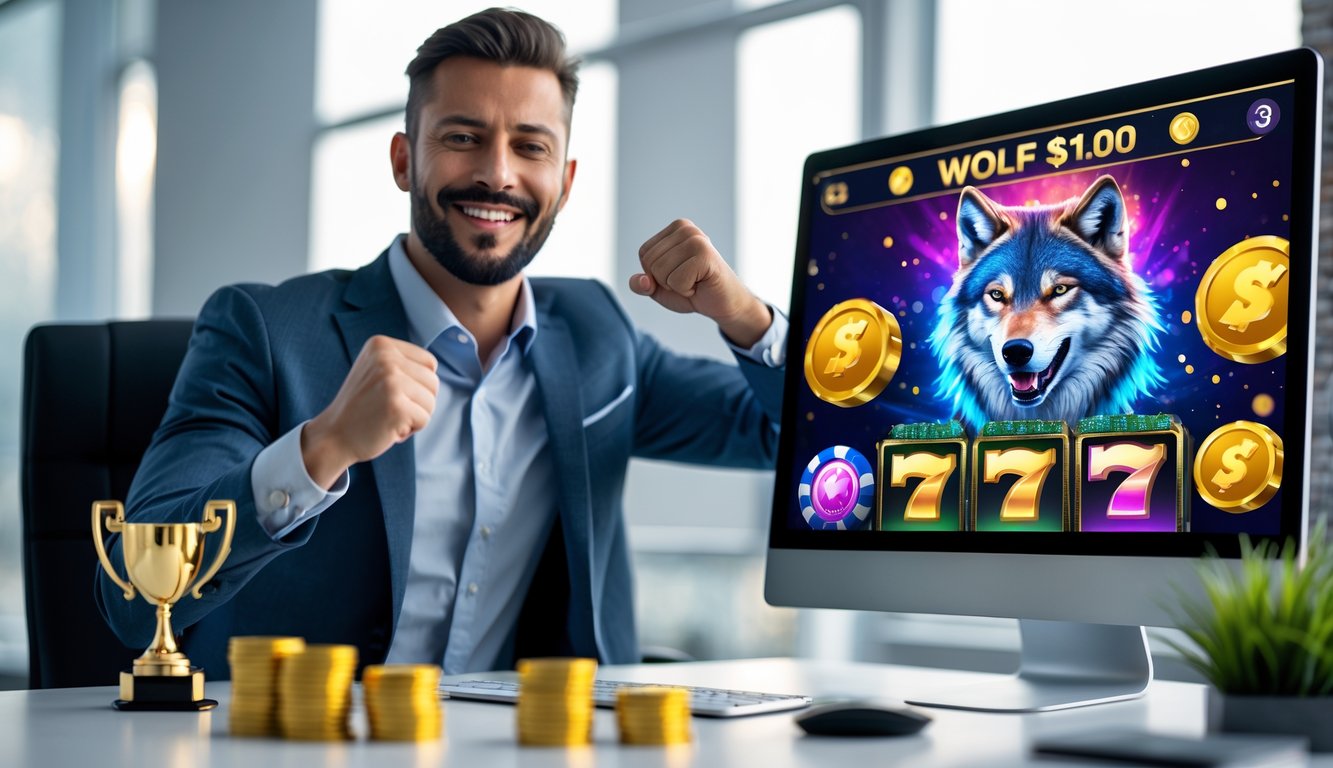 Seorang pria percaya diri merayakan kemenangan besar di depan komputer dengan grafik permainan slot bertema serigala dan emas di kantor modern.