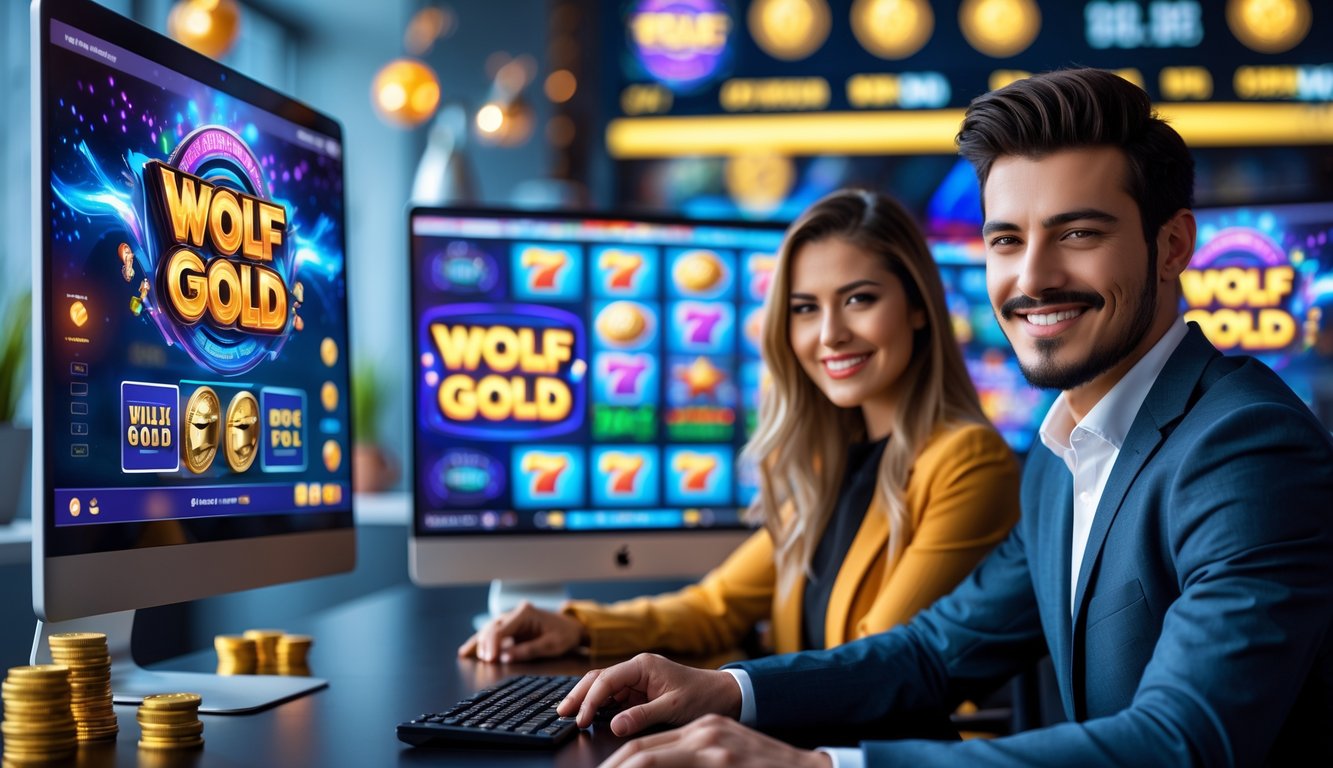 Dua orang muda tersenyum duduk di depan komputer dengan layar menampilkan permainan slot online bertema Wolf Gold.