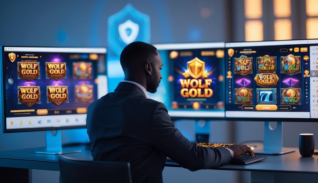 Seorang dewasa menggunakan komputer dengan tampilan permainan slot di layar dalam ruangan yang rapi dan terang.