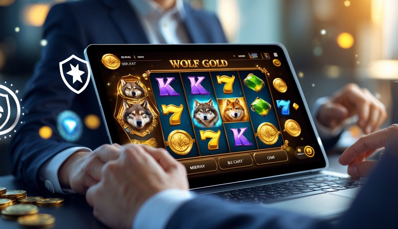 Seorang profesional menggunakan perangkat digital dengan tampilan permainan slot bertema serigala dan emas, menunjukkan suasana kasino online yang terpercaya dan aman.