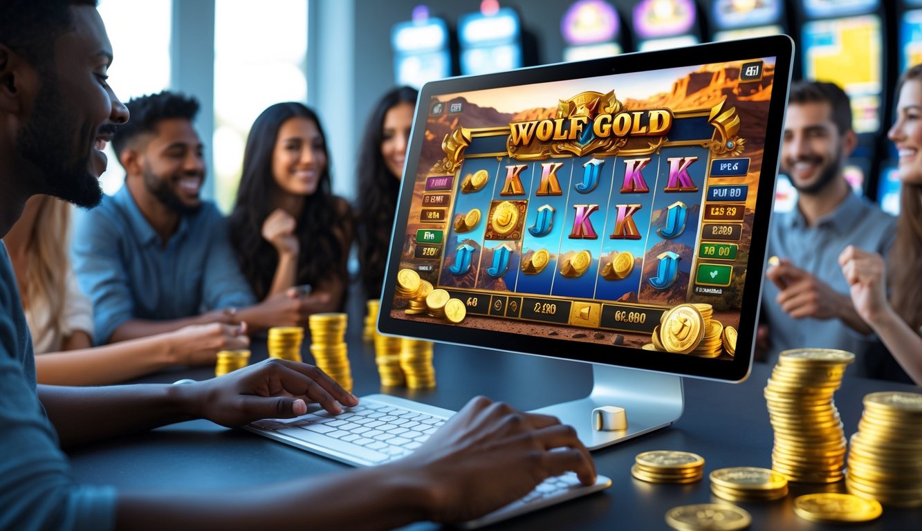Orang-orang sedang bermain permainan slot online dengan latar layar komputer menampilkan tema permainan Wolf Gold dan tumpukan koin emas.