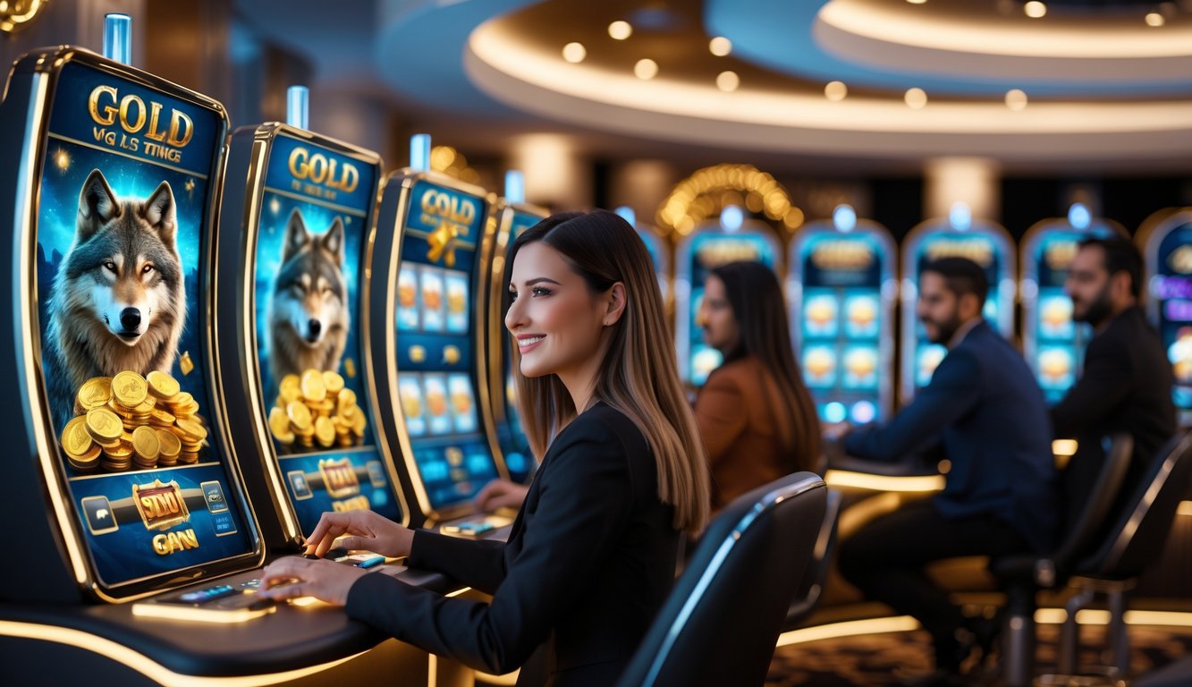 Sekelompok orang bermain mesin slot digital di ruang permainan modern dengan pencahayaan hangat dan layar berwarna cerah menampilkan tema emas dan serigala.