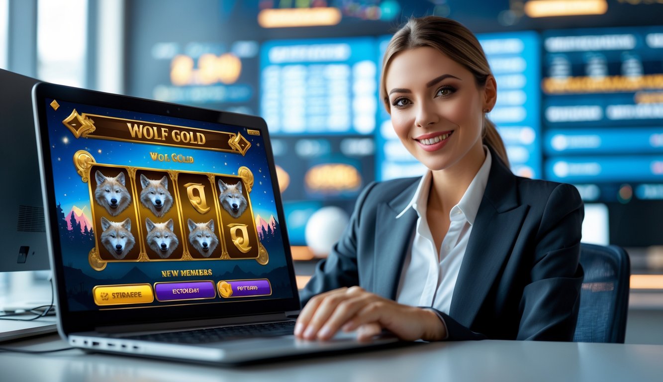 Seorang agen layanan pelanggan tersenyum di kantor modern dengan laptop yang menampilkan permainan slot online bertema serigala dan emas.