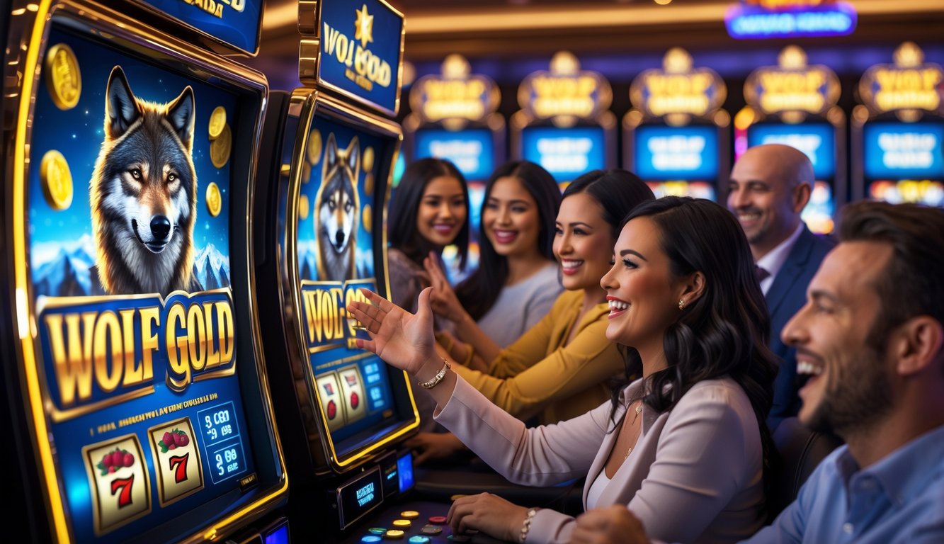 Orang-orang bermain mesin slot bertema serigala dan emas di dalam kasino dengan suasana yang ceria dan penuh semangat.
