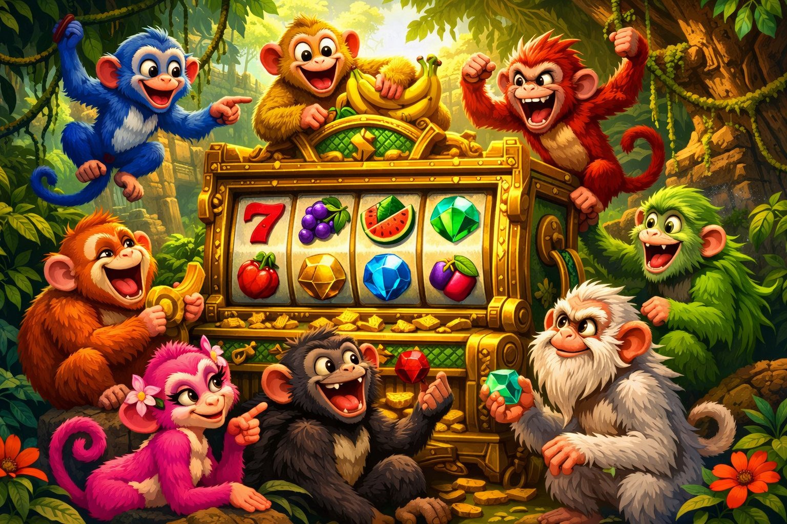 Seven Colorful Monkeys Playing Around A JungleThemed Slot Machine In A Lush Tropical Forest With Ancient Temple Ruins In The Background.