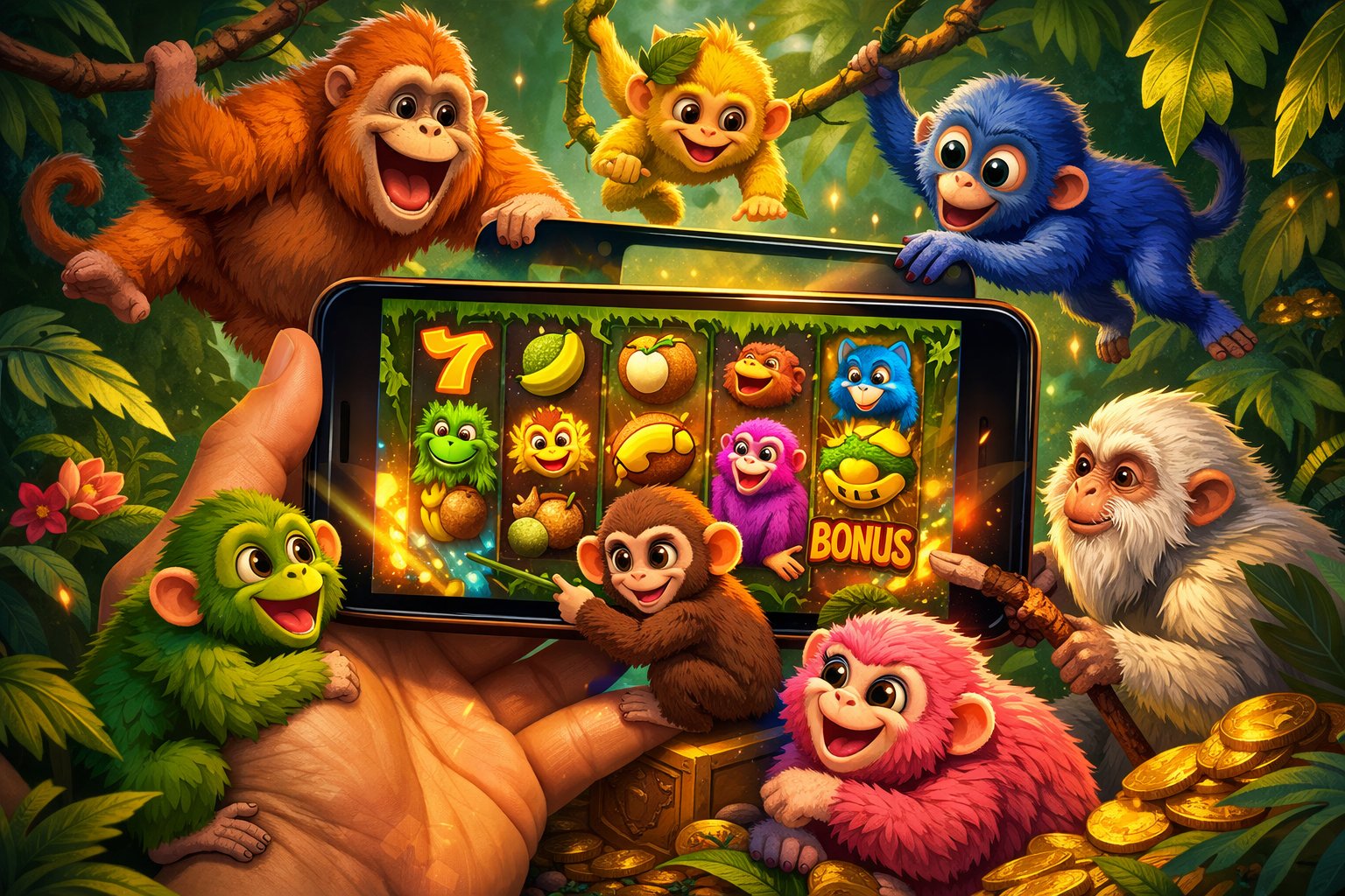 A Hand Holding A Smartphone Showing A Colorful Slot Game Screen With Seven Playful Monkeys Around It In A Tropical Jungle Setting.