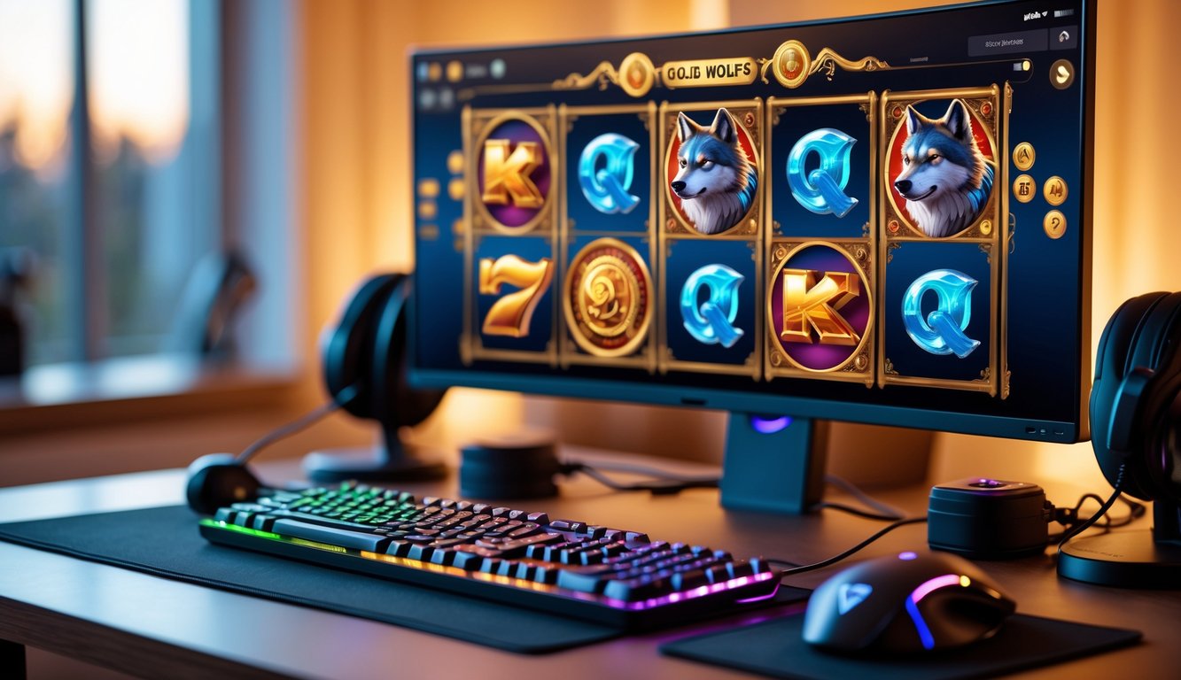 Sebuah setup komputer modern dengan layar menampilkan grafik permainan slot bertema serigala emas, dikelilingi oleh aksesori gaming di meja dengan pencahayaan hangat.