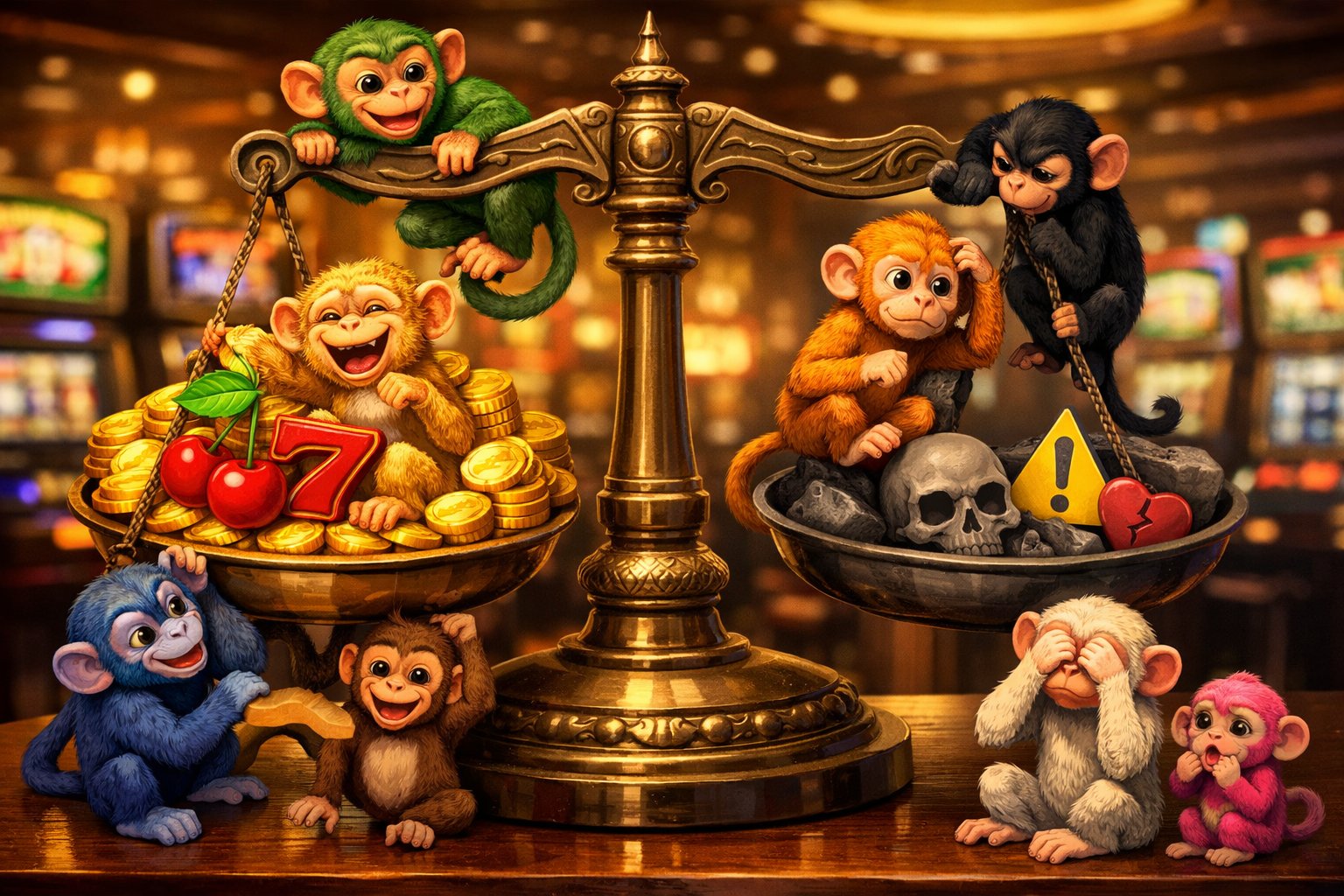 Seven Monkeys Playfully Interacting With A Balanced Scale Showing Coins And Slot Symbols On One Side And Subtle Caution Signs On The Other, Set In A Casino Environment.