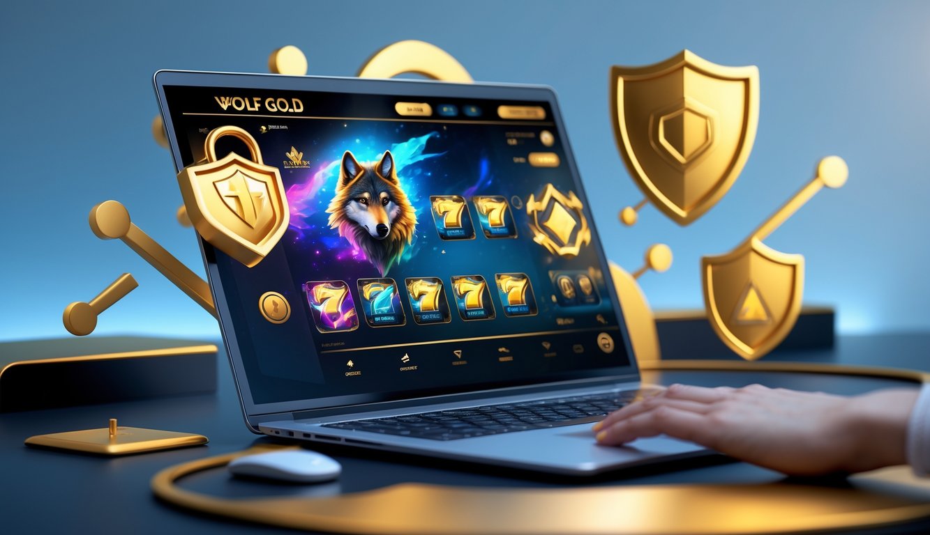 Sebuah komputer menampilkan permainan slot online dengan tema serigala dan emas, dikelilingi simbol keamanan seperti gembok dan tanda centang.