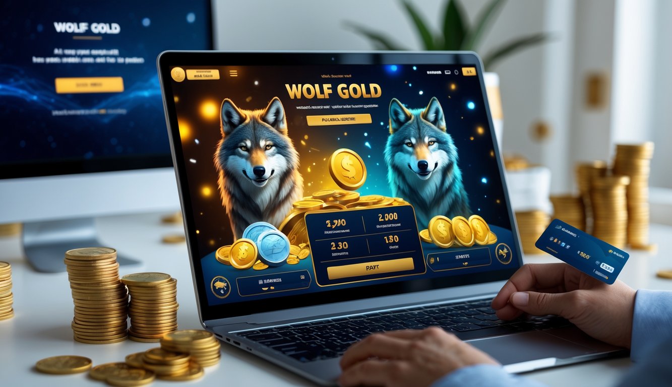 Seorang pengguna bermain permainan slot online dengan layar menampilkan grafik serigala dan koin emas di meja kerja yang rapi dengan ponsel dan kartu kredit di dekatnya.
