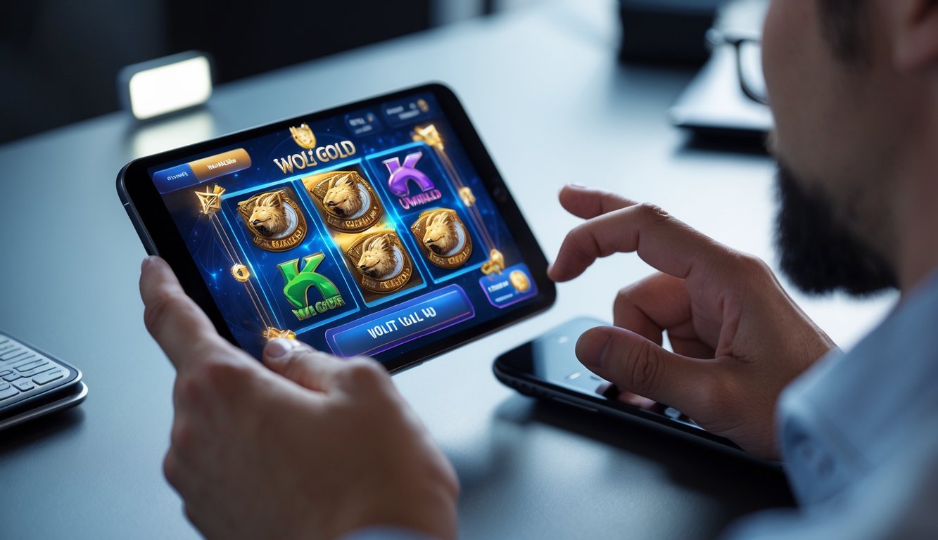 Seseorang menggunakan ponsel untuk bermain permainan slot online dengan latar belakang elemen transaksi digital.