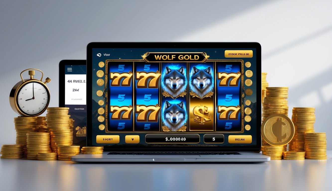 Layar perangkat digital menampilkan permainan slot dengan gambar serigala dan emas, di sekitar terdapat simbol koin emas dan jam yang menunjukkan layanan cepat 24 jam.