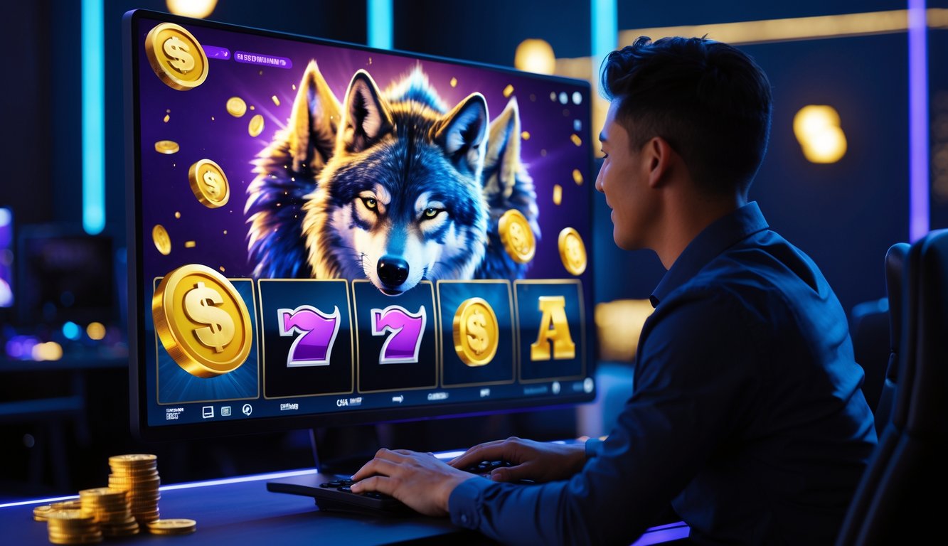 Seseorang sedang bermain permainan slot online dengan tema serigala dan emas di layar komputer dalam ruangan gaming yang gelap dan modern.